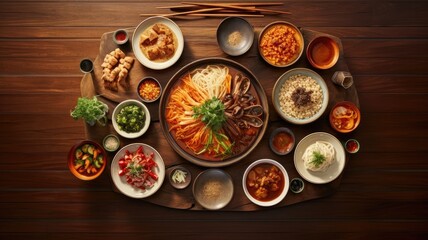Fototapeta na wymiar a delectable spread of Korean traditional food elegantly arranged on a table. The abundant open space is ideal for including text or descriptions of these flavorful dishes.