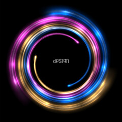 Glowing spiral with bright flashes. Pink, blue and yellow colors. Abstract luminous background.
