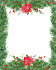 Fototapeta na wymiar Watercolor Christmas frame. Hand drawn floral illustration with pine, poinsettia, holly, mistletoe isolated on transparent background. PNG