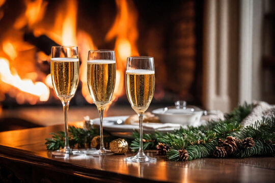 Glass of champagne on the background of a burning fireplace