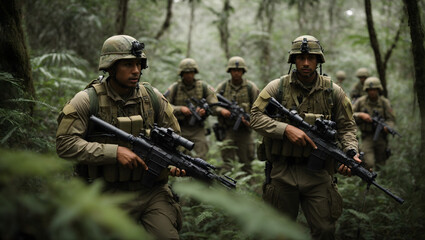 A modern infantry squad navigating a dense jungle terrain, carefully watching for hidden threats. - obrazy, fototapety, plakaty