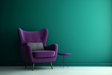 Purple armchair in contemporary living space with dark green wall. Generative AI