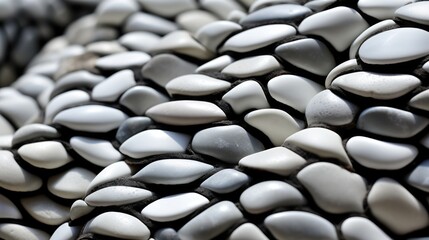 Smooth rounded grey white granite beach pebbles Zen garden texture with perfectly arranged pattern of stones. 