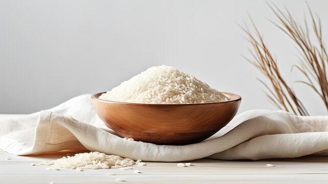 a composition of Northeast rice presented in a bowl, accompanied by a linen towel on a clean white wooden background. The ample open space is perfect for including text or messages