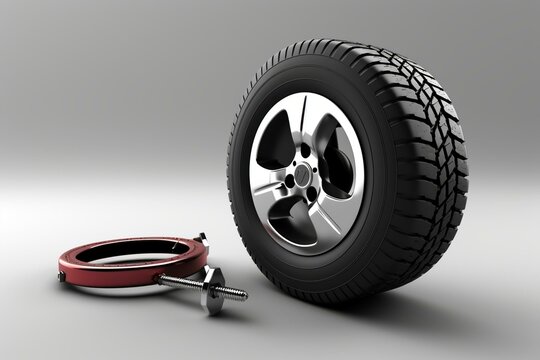 Isolated 3D illustration of spare tyre, jack, and wheel wrench. Generative AI
