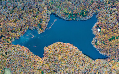Aerial view of Morske oko lake in fall, Vihorlat mountains, UNESCO world heritage location, Slovakia - obrazy, fototapety, plakaty