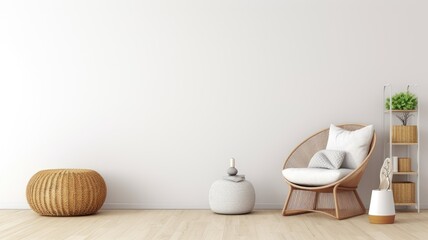 a wicker basket, toys, and a pouf arranged near a clean white wall, representing modern interior design in a minimalist style. The abundant open space is perfect for including text or branding related