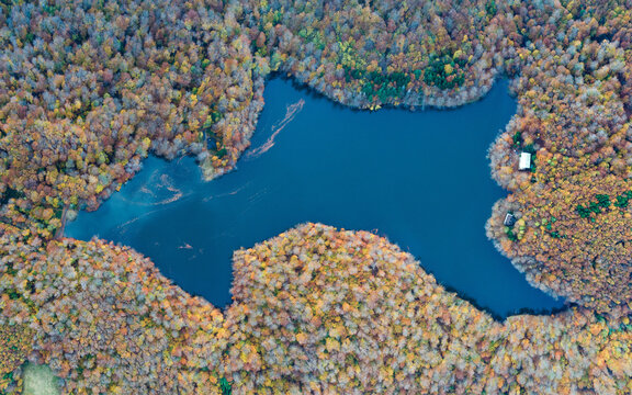 Aerial view of Morske oko lake in fall, Vihorlat mountains, UNESCO world heritage location, Slovakia
