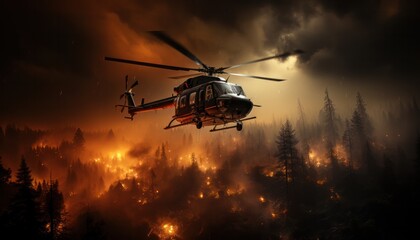 A helicopter flies over a burning forest from orange clouds of smoke in the sky. rescuing victims and extinguishing fires