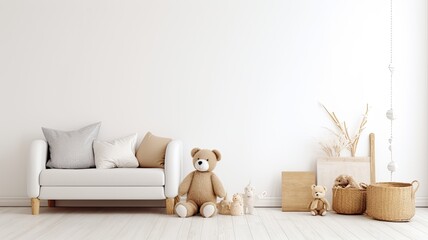 Fototapeta na wymiar a wicker basket, toys, and a pouf arranged near a clean white wall, representing modern interior design in a minimalist style. The abundant open space is perfect for including text or branding related