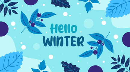 Fototapeta na wymiar Frozen and snowy hello winter background. Icy blue winter elements. Cold and frosty mistletoe. Modern hand-drawn vector illustration.
