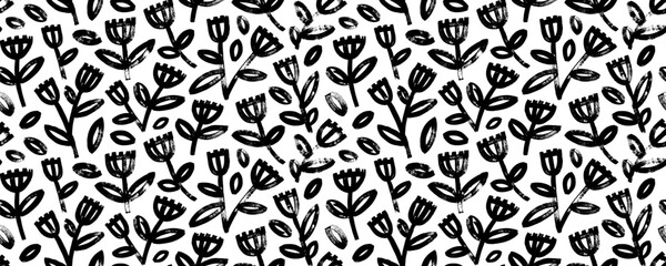 Botanical seamless banner design with wild plants. Brush drawn geometric style flowers.