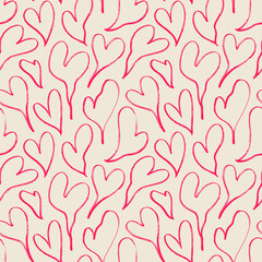 Linear doodle melting hearts seamless pattern in pink and red colored.