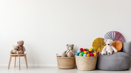Fototapeta premium a wicker basket, toys, and a pouf arranged near a clean white wall, representing modern interior design in a minimalist style. The abundant open space is perfect for including text or branding related