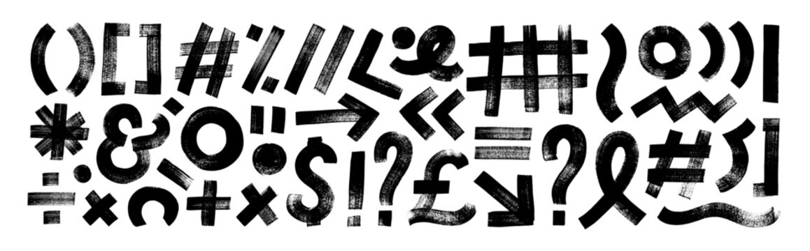 Punctuation signs drawn with a bold brush. Check marks, exclamation and question marks.