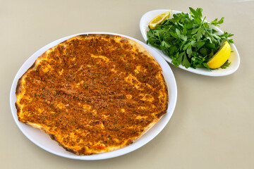 Turkish foods ; Turkish pizza -Lahmacun. Adana, Urfa bol acili lahmacun.