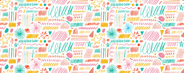 Colored charcoal doodle lines and shapes seamless banner design.