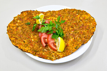 Turkish foods ; Turkish pizza -Lahmacun. Adana, Urfa bol acili lahmacun.