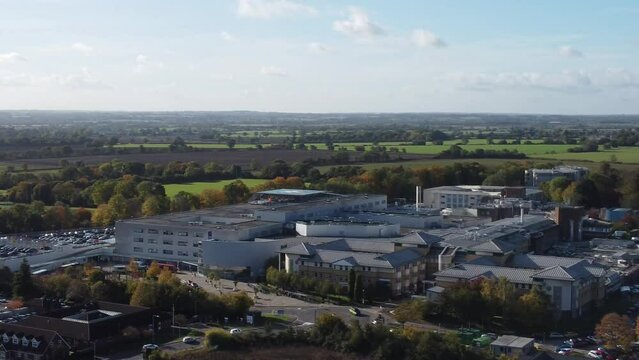 Aerial view of Broomfield hospital, panning right.