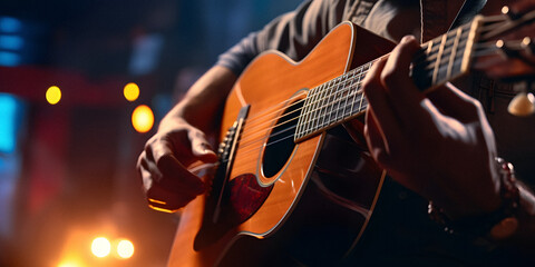 Obraz premium A Closeup Photograph of a Man Playing an Acoustic Guitar on Stage