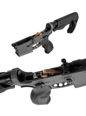 Lower receiver and buffer spring. Bottom half of a modern assault rifle. Isolate on white back