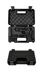 Modern semi-automatic pistol. A short-barreled weapon for self-defense. Arming the police, special units and the army. Weapon in a case for storage and transportation. Isolate on a white back.