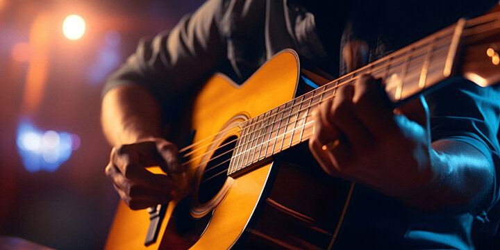 A Closeup Photograph of a Man Playing an Acoustic Guitar on Stage