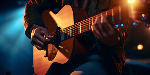 Obraz na płótnie Canvas A Closeup Photograph of a Man Playing an Acoustic Guitar on Stage