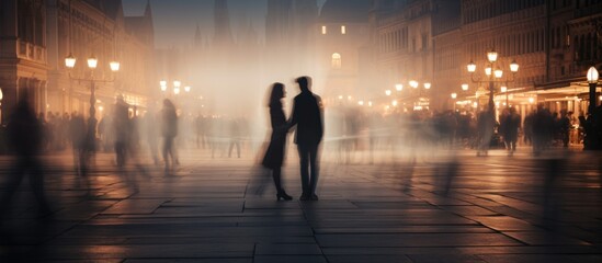 Silhouette of a couple in love against the backdrop of the bustle of the city. Long exposure. Motion blur. Relationship.