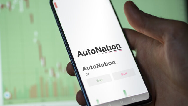 November 09th The logo of AutoNation on the screen of an exchange. Auto Nation price stocks, $AN on a device.