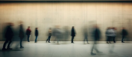 People hurry about their business against the backdrop of a city concrete wall. Long exposure....