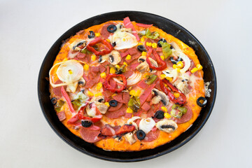 Delicious mixed pizza with rich content. Menu concept of choice and diversity. Pepperoni, Formaggi, Veggie, Karisik pizza