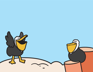 Two Cute Pelicans Hanging Out on Some Sand and Dock Pilings Vector illustration