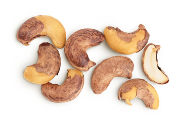 cashew nuts heap with shell isolated on white background. Top view. Flat lay