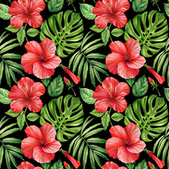 Fototapeta premium Tropical red flowers and Palm green leaves on black background, watercolor botanical flora. Seamless patterns.