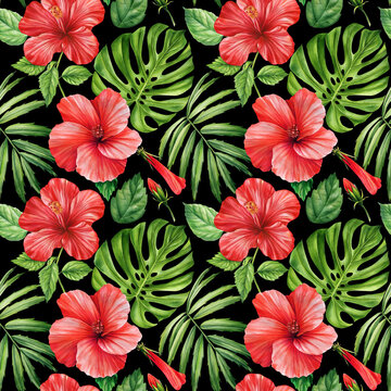 Tropical red flowers and Palm green leaves on black background, watercolor botanical flora. Seamless patterns.