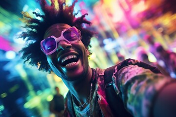 Joyful party-goer smiling with colorful rave lights in the background. Smiling person at a rave...