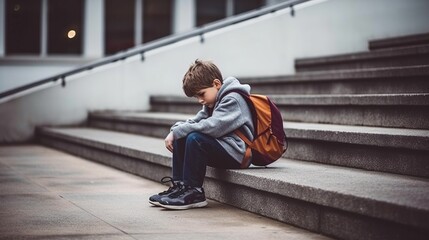 A boy is sitting on the steps outside the school with a sad expression on his face, he is thinking about his problems