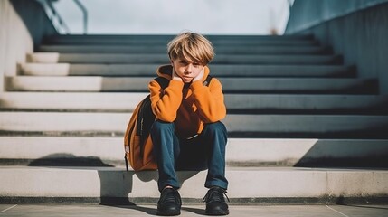 A boy in an orange hoodie sits on the steps and thinks about his problems
