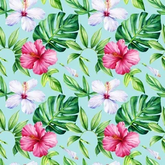  Tropical hibiscus flowers and Palm leaves on blue background, Watercolor botanical plants. Seamless patterns. © Hanna