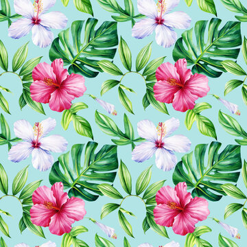 Tropical hibiscus flowers and Palm leaves on blue background, Watercolor botanical plants. Seamless patterns.