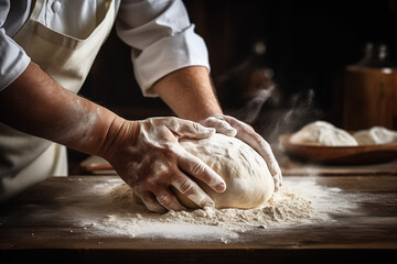 Fototapeta premium Pastry bakery chef in the kitchen preparing Bread dough. Bakery and food concept.