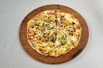 Delicious mixed pizza with rich content. Menu concept of choice and diversity. Pepperoni, Formaggi, Veggie, Karisik pizza