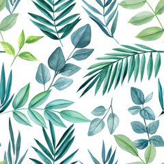 Tropical seamless pattern with leaves and flowers. Floral design for fabric, decor. Watercolor illustrations