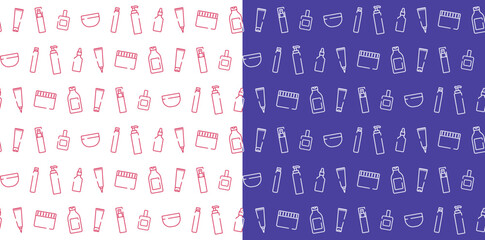 Obraz premium Cosmetics and Beauty tube pattern. Outline icons. Hygiene, hair and body care products. Shampoo, gels, creams, mask. Color image. Dark purple and white background. Linear red symbols. In row. Vector