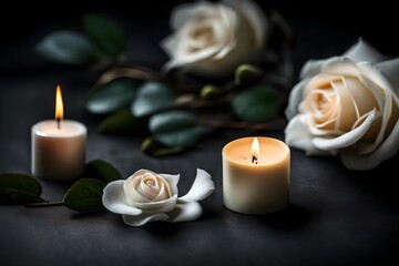 Fototapeta na wymiar candle and white rose with dark background 
