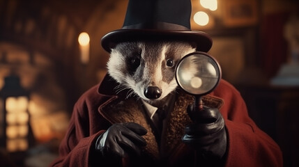 A badger in detective gear inspecting with a magnifying glass, anthropomorphic animals, blurred background, with copy space - obrazy, fototapety, plakaty