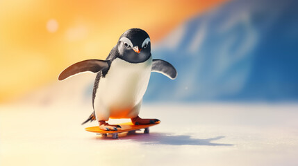 A penguin waiter sliding on ice to deliver drinks, anthropomorphic animals, blurred background, with copy space - obrazy, fototapety, plakaty