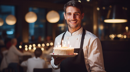 A cheerful waiter delivering a birthday cake to a table, candles lit, waiter in a restaurant, blurred background, with copy space