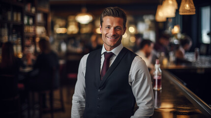 A waiter in an upscale bar mixing a cocktail with expertise, waiter in a restaurant, blurred background, with copy space